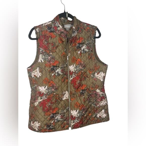 Chicos Size 2 Brown Floral Quilted Down Vest Full Zip Up Sleeveless large - Picture 1 of 5